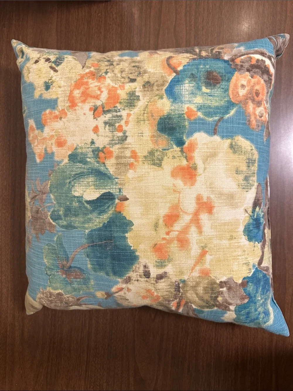 Floral Decorative Throw Pillow in Blue, Cream & Orange